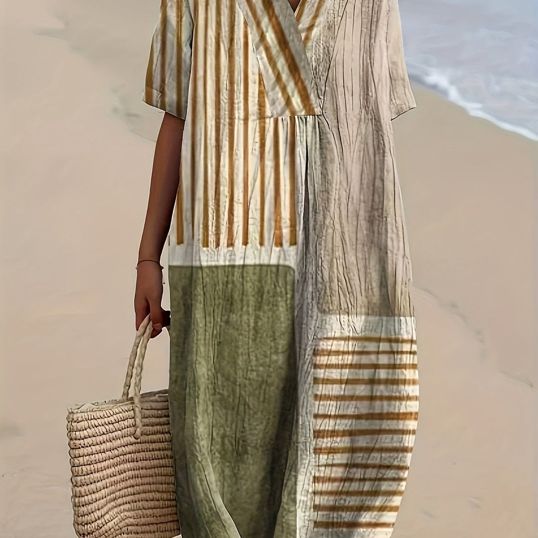 Harriet | Earth-Tone Stripe Panel Midi Dress