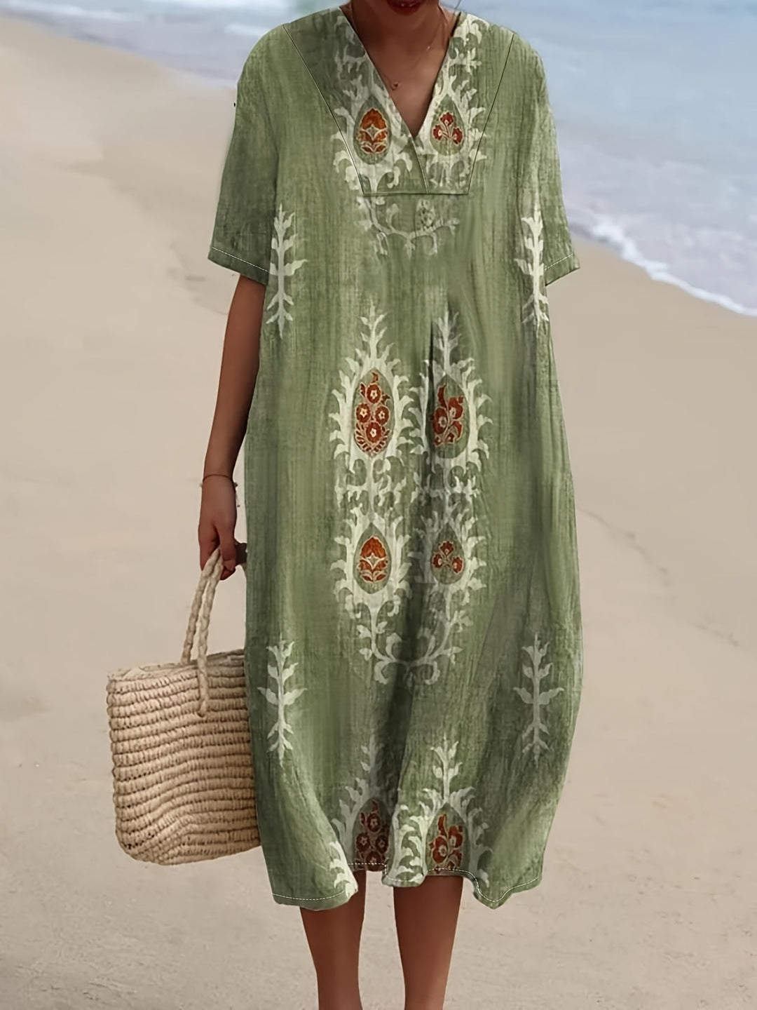 Edith | Boho Olive Embroidered Midi Dress