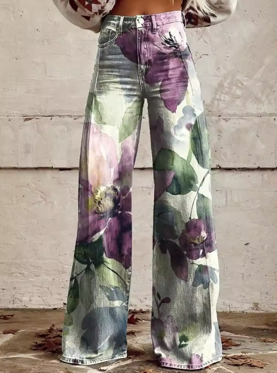 Freya | Elegant Watercolour Floral Wide-Leg pants