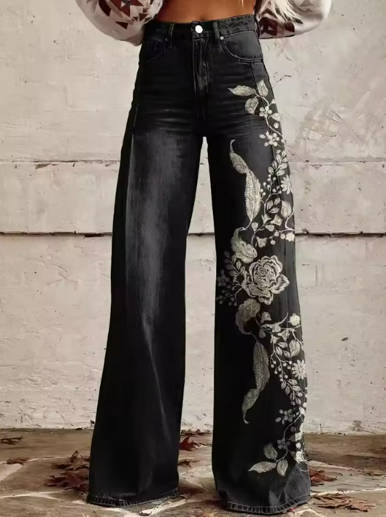 Elaine | Elegant Black Denim with Embroidered Floral Detail
