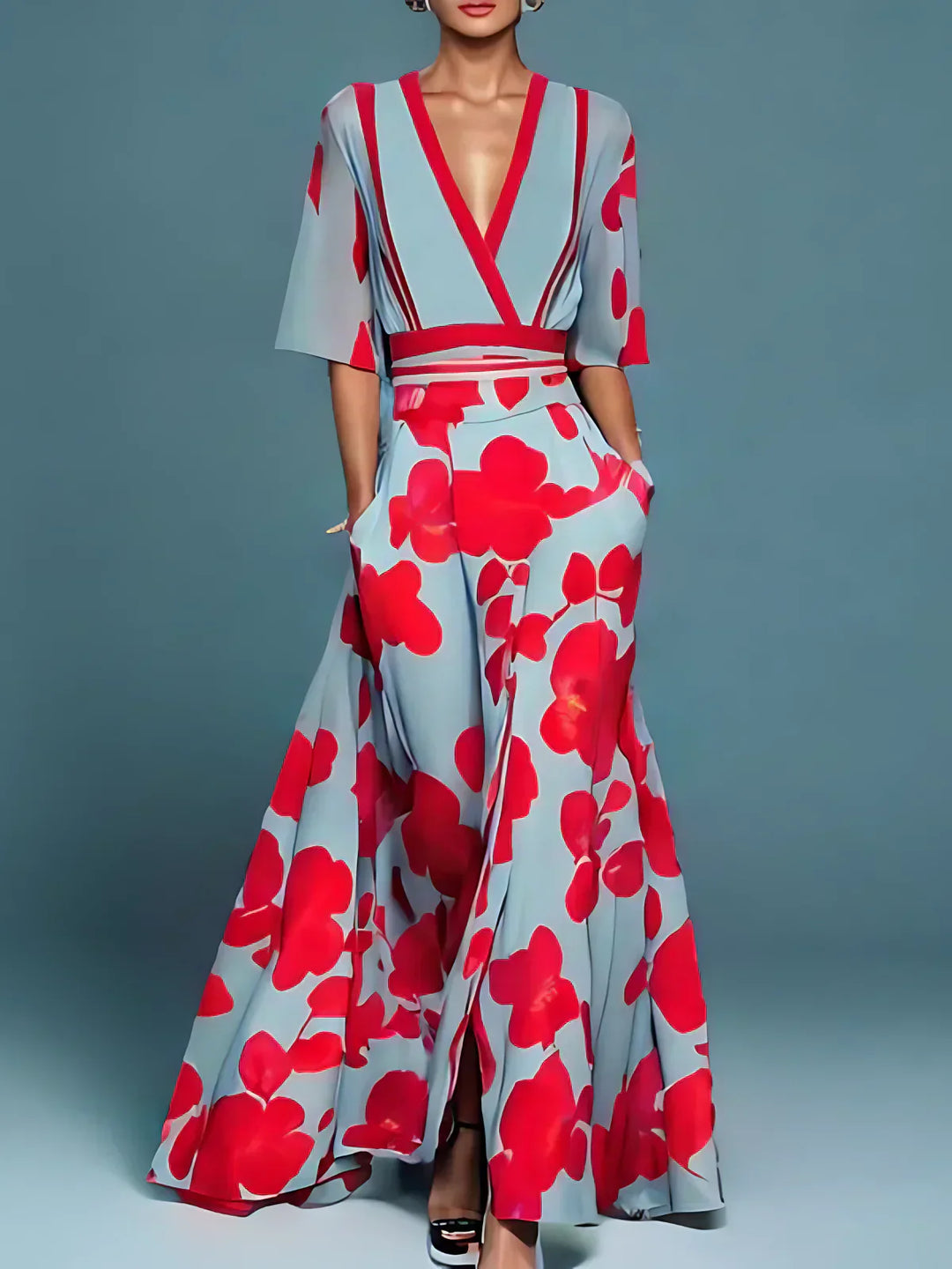 Vivienne | Scarlet Bloom Kimono Maxi Dress