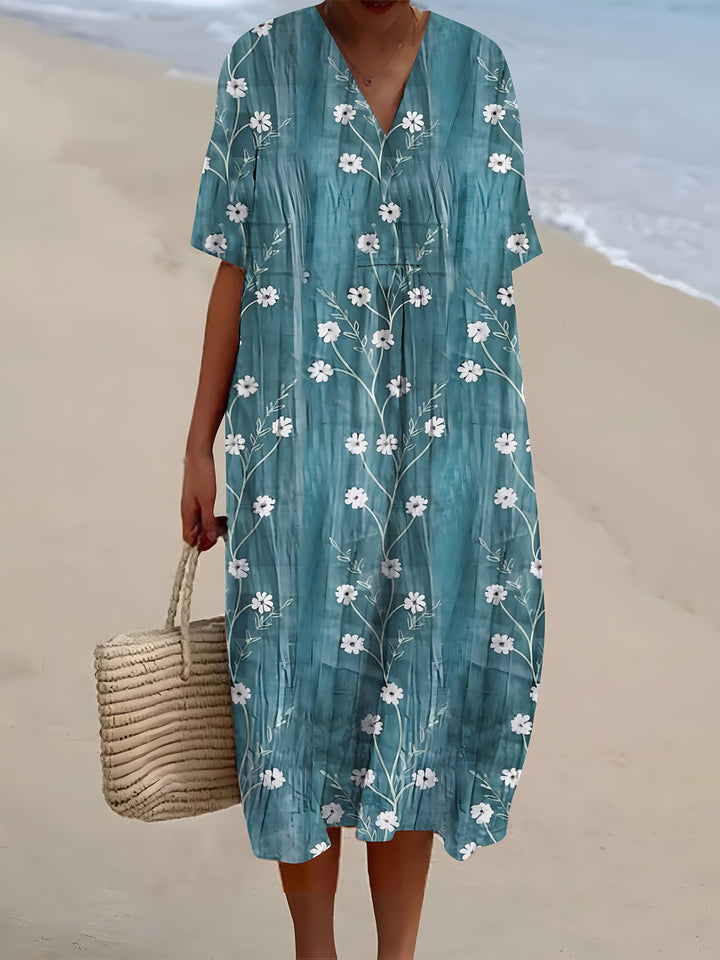 Clara | Teal Wildflower Crinkle Midi Dress