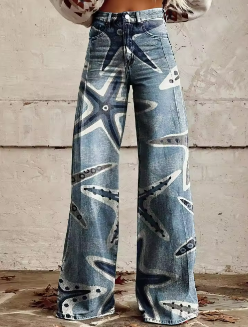 Stella | Starfish Print High-Waisted Wide-Leg Jeans