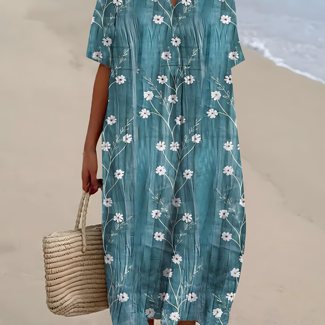 Clara | Teal Wildflower Crinkle Midi Dress