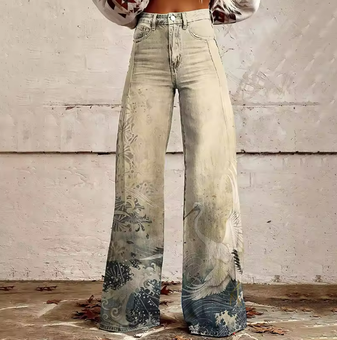 Vivienne | Artistic Crane-Print Wide-Leg Jeans