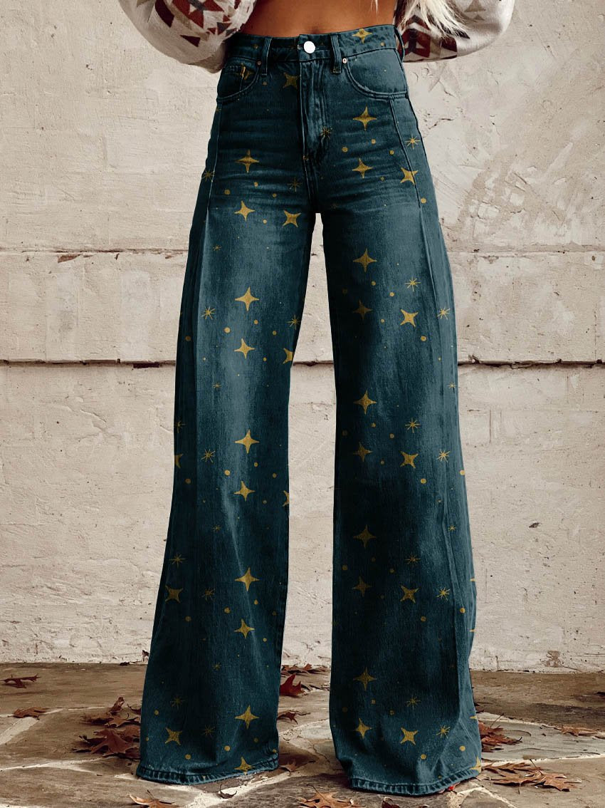 Clara | Midnight Gold Star Wide-Leg Jeans