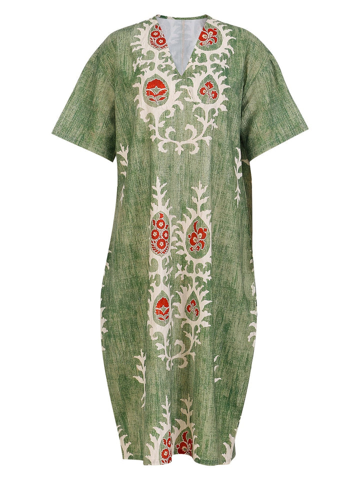 Edith | Boho Olive Embroidered Midi Dress
