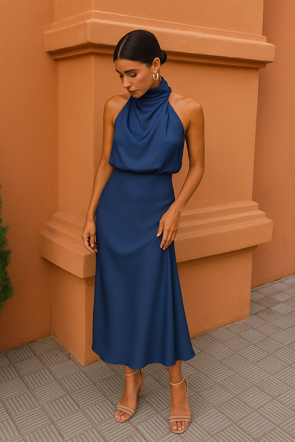 Elena | Satin Halter-Neck Midi Dress