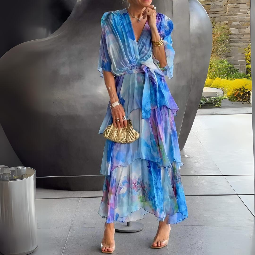 Elodie | Watercolour Layered Chiffon Wrap Dress