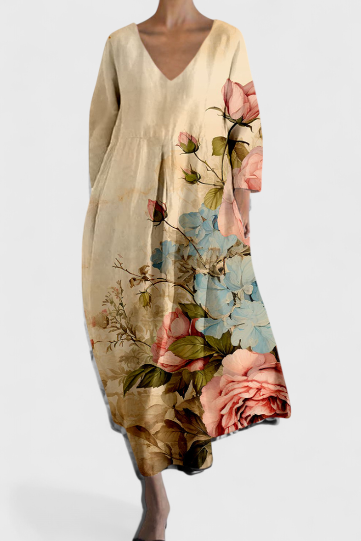 Anne Flowy Long Dress with V-Neckline and Butterfly Mesh