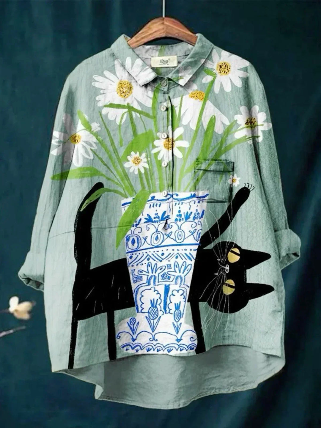 Ivy | Cat & Daisies Artistic Linen Shirt