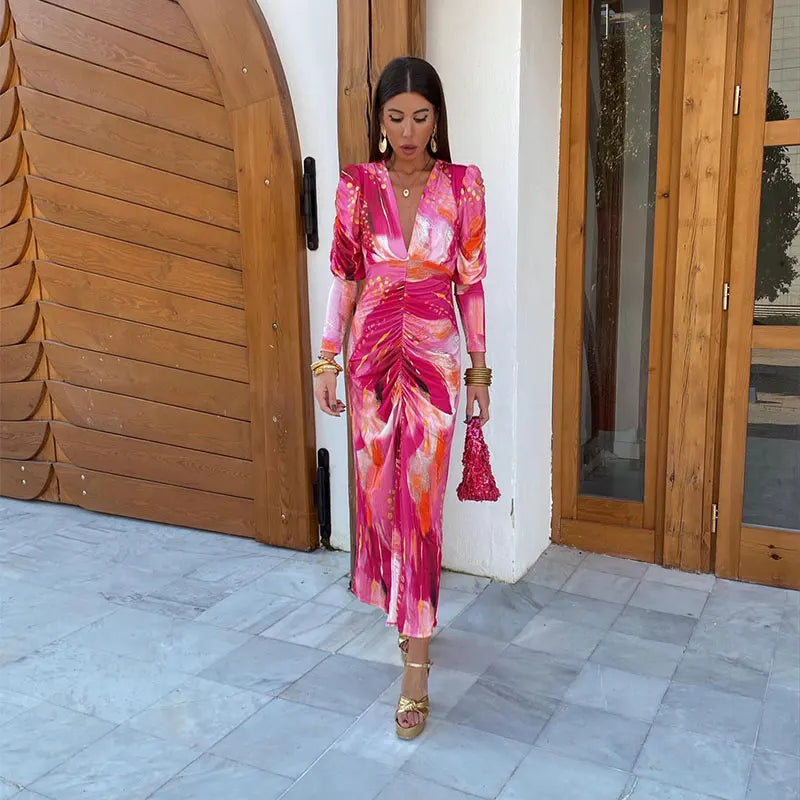 Valeria | Abstract Sunset Ruched Midi Dress
