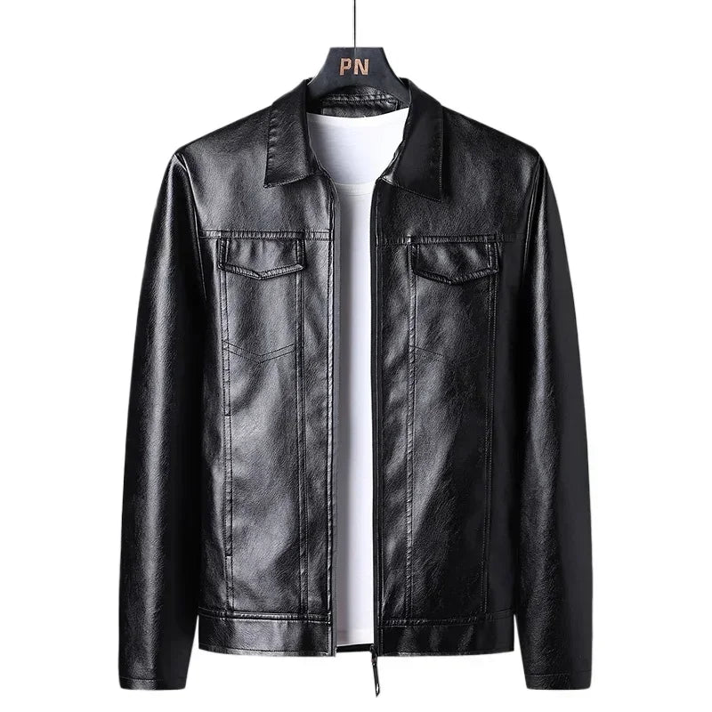 André™ Noir – Black leather jacket with wide collar and defined waist