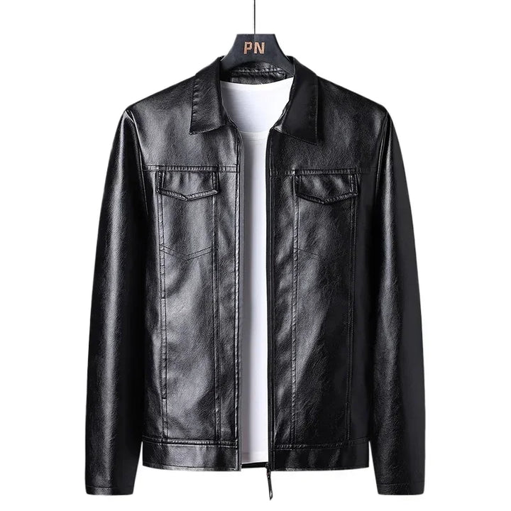 André™ Noir – Black leather jacket with wide collar and defined waist
