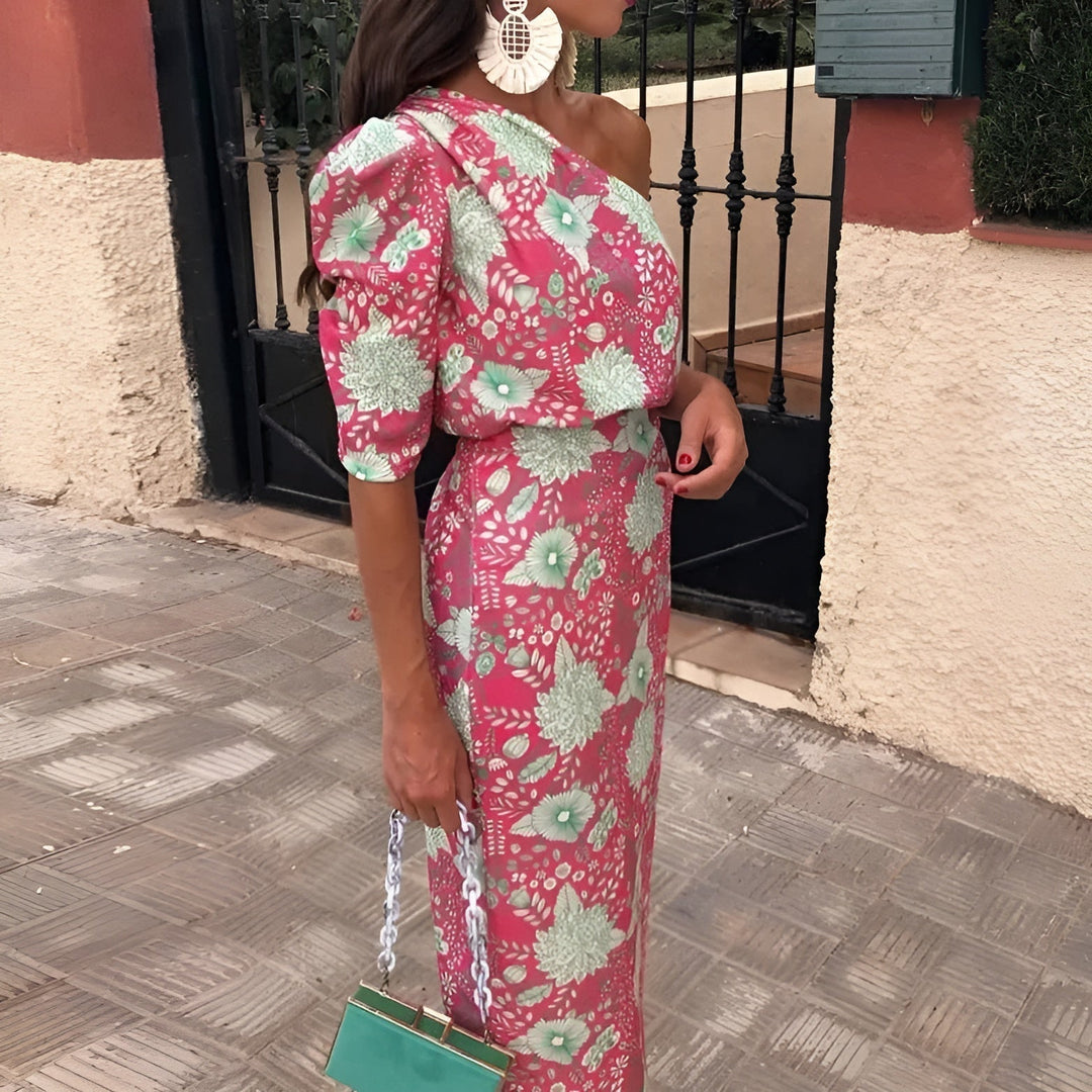 Isla | Elegant One-Shoulder Floral Midi Dress
