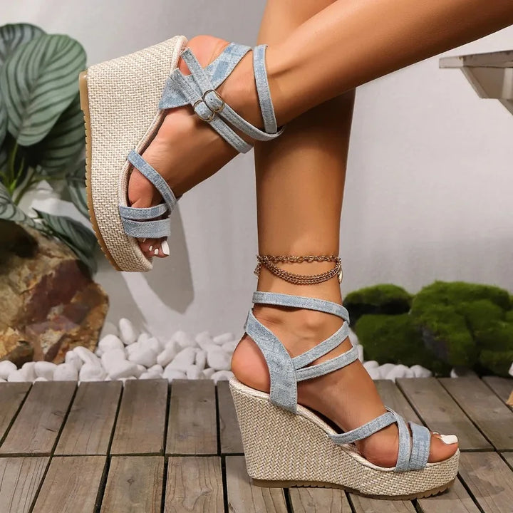 Chloe™| Denim Wedged Heel Sandals