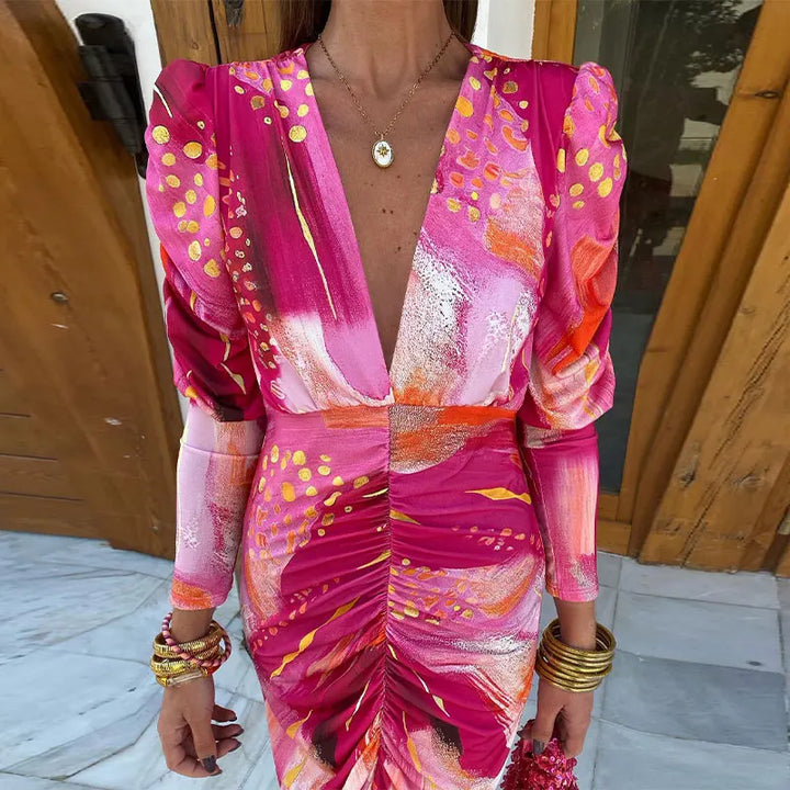 Valeria | Abstract Sunset Ruched Midi Dress