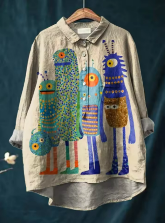 Ayleen | Floral Dog Art Linen Blouse