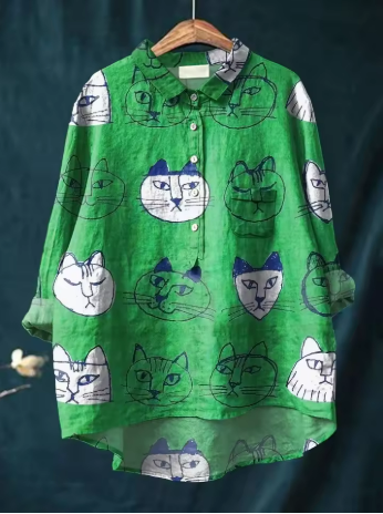 Luna | Artistic Cat Faces Linen Shirt