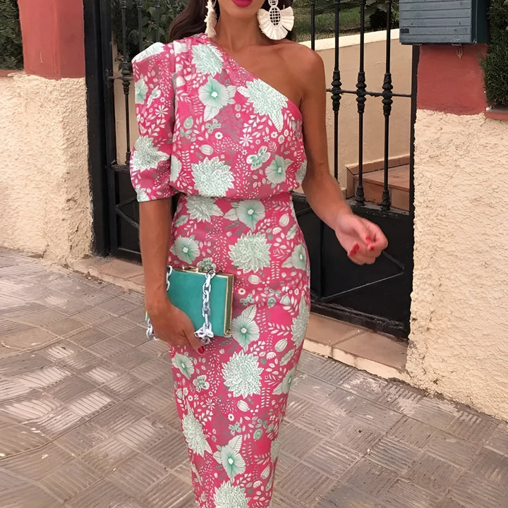 Isla | Elegant One-Shoulder Floral Midi Dress