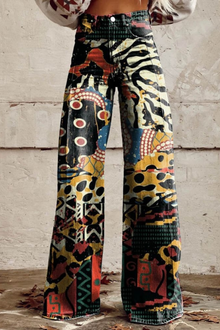 Freya | Abstract Tribal High-Waisted Wide-Leg Jeans