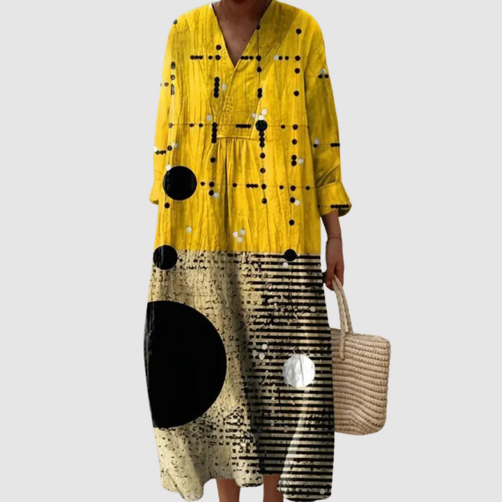 Evangeline | Modern Dot & Line Long Sleeve Midi Dress