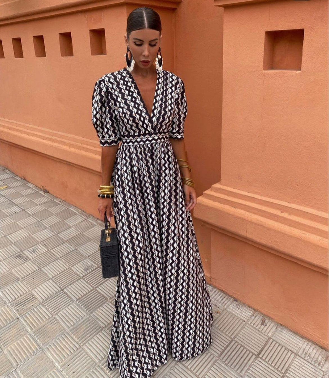 Allegra | Monochrome Zigzag V-Neck Maxi Dress