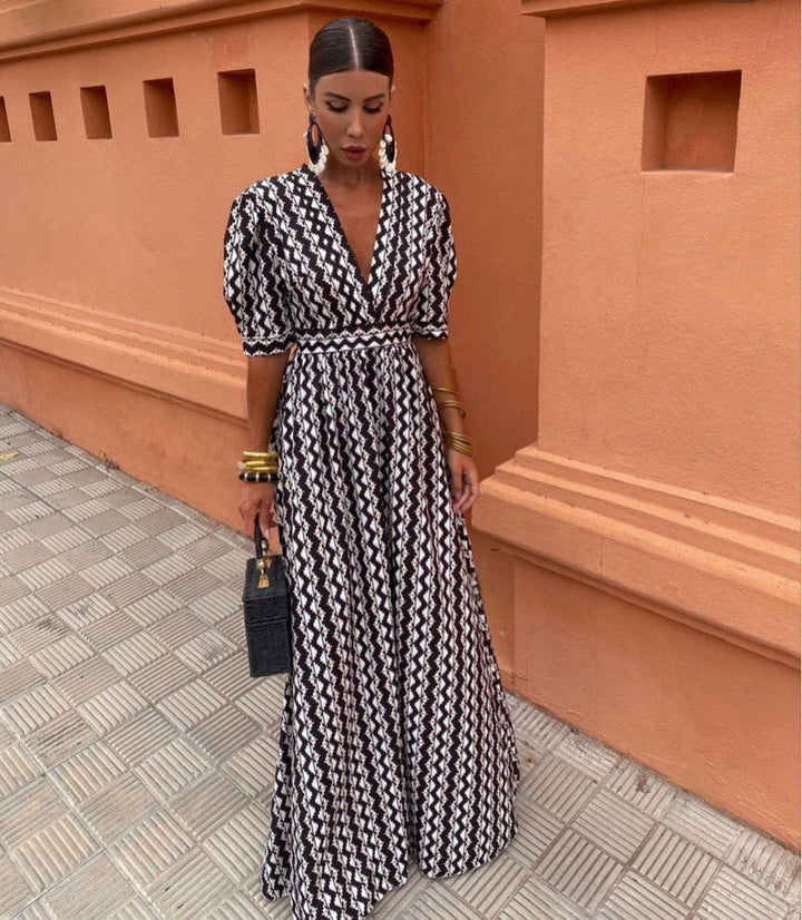Allegra | Monochrome Zigzag V-Neck Maxi Dress