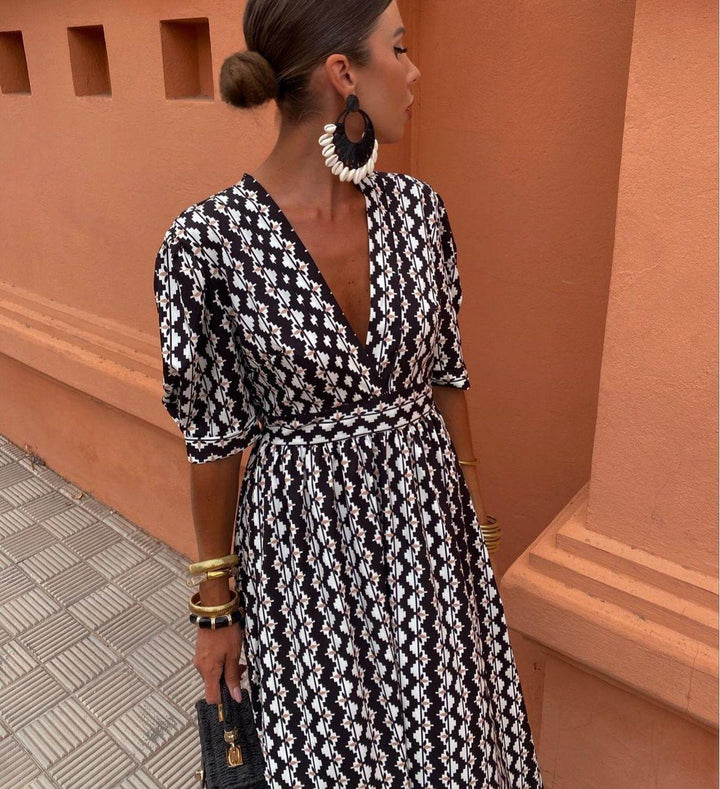 Allegra | Monochrome Zigzag V-Neck Maxi Dress