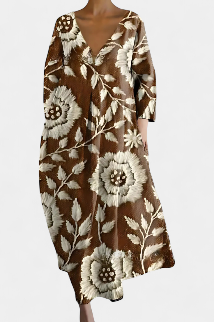 Anne Flowy Long Dress with V-Neckline and Butterfly Mesh