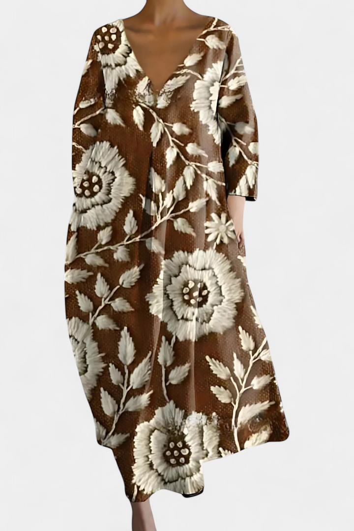 Anne Flowy Long Dress with V-Neckline and Butterfly Mesh