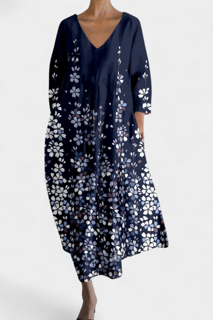 Anne Flowy Long Dress with V-Neckline and Butterfly Mesh