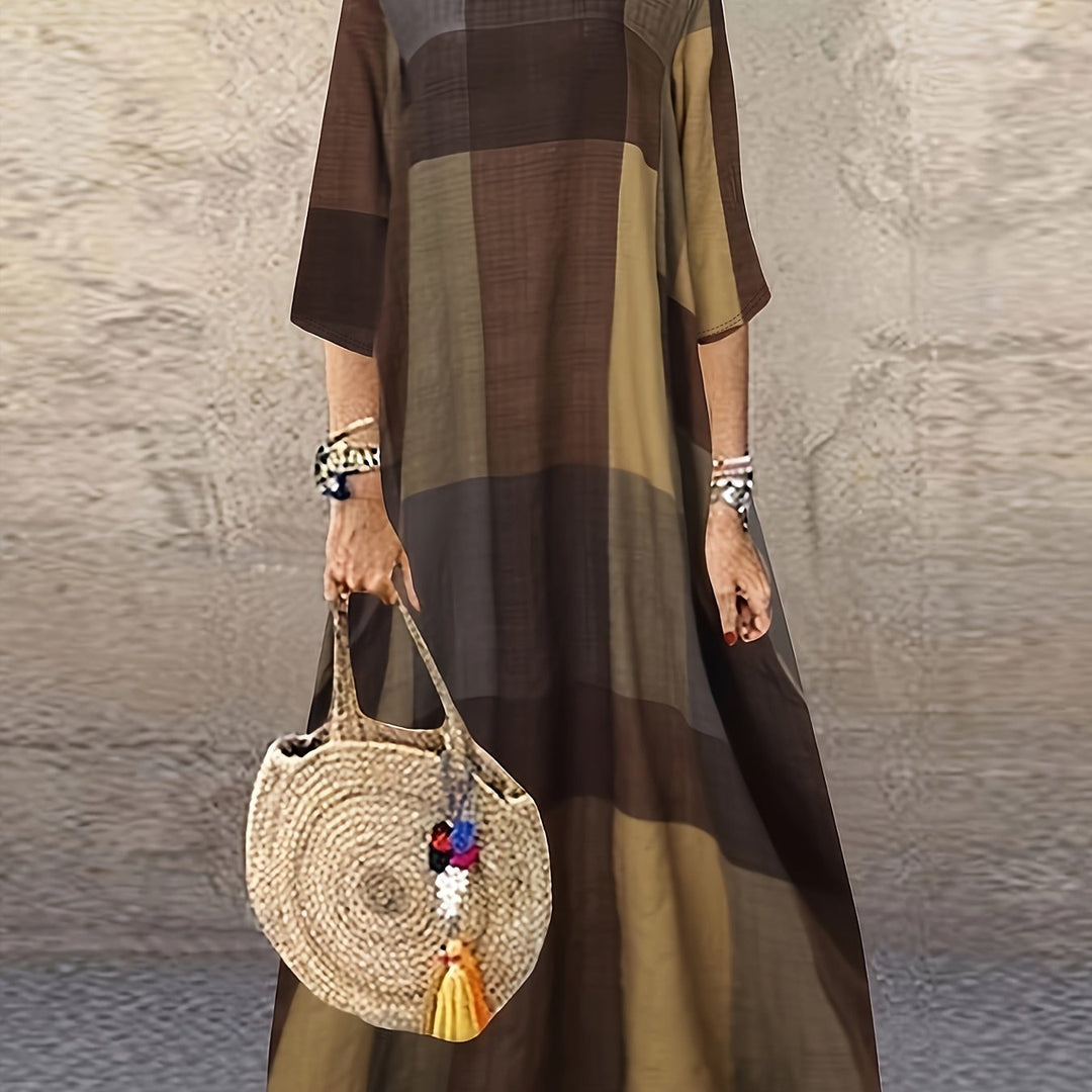 Greta | Earth-Tone Plaid Oversized Maxi Dress