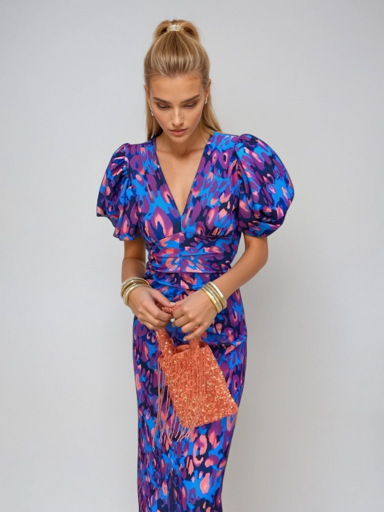 Romy | Vibrant Puff-Sleeve Leopard Print Dress