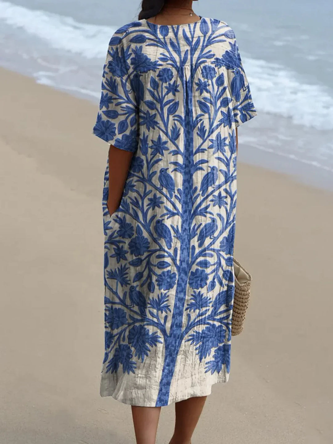 Eleanor | Blue Botanical Bird Print Midi Dress
