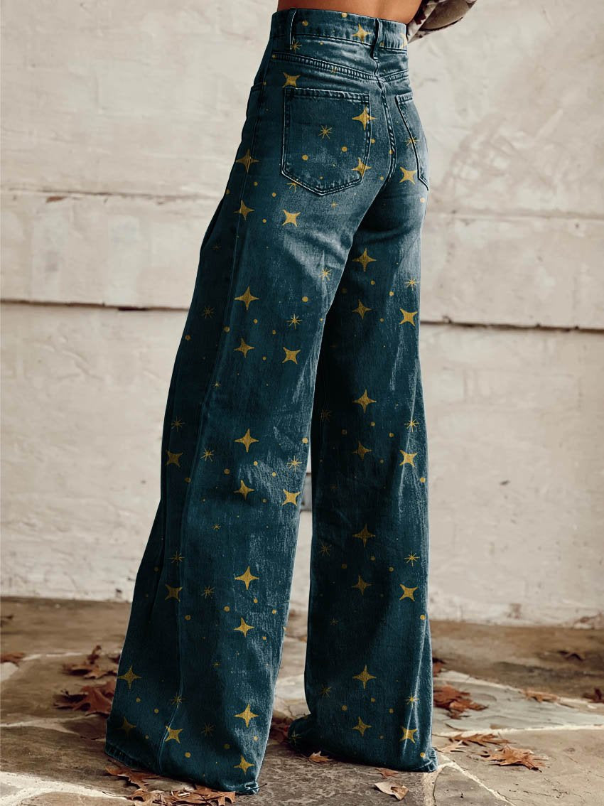Clara | Midnight Gold Star Wide-Leg Jeans