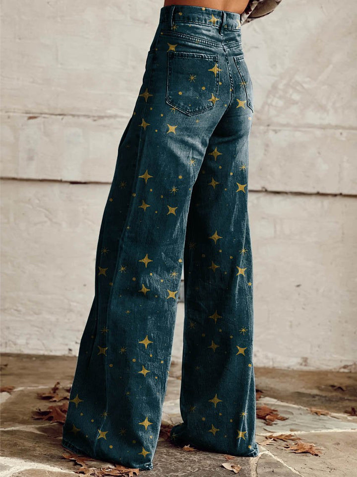 Clara | Midnight Gold Star Wide-Leg Jeans
