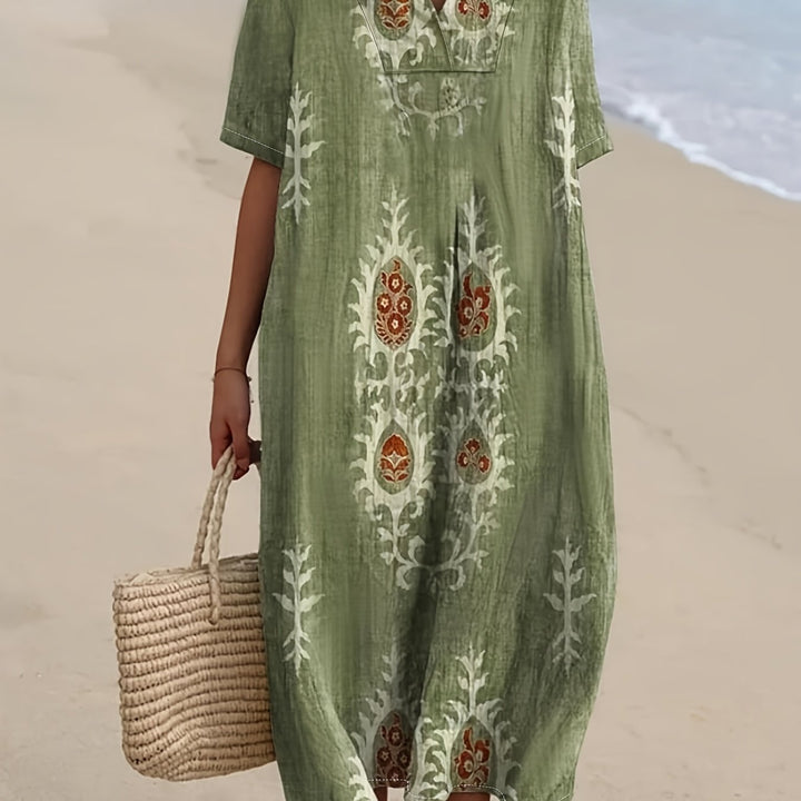 Edith | Boho Olive Embroidered Midi Dress
