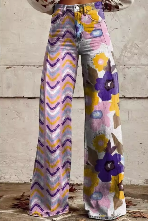 Lola | Vibrant Patch-Print Wide-Leg Jeans