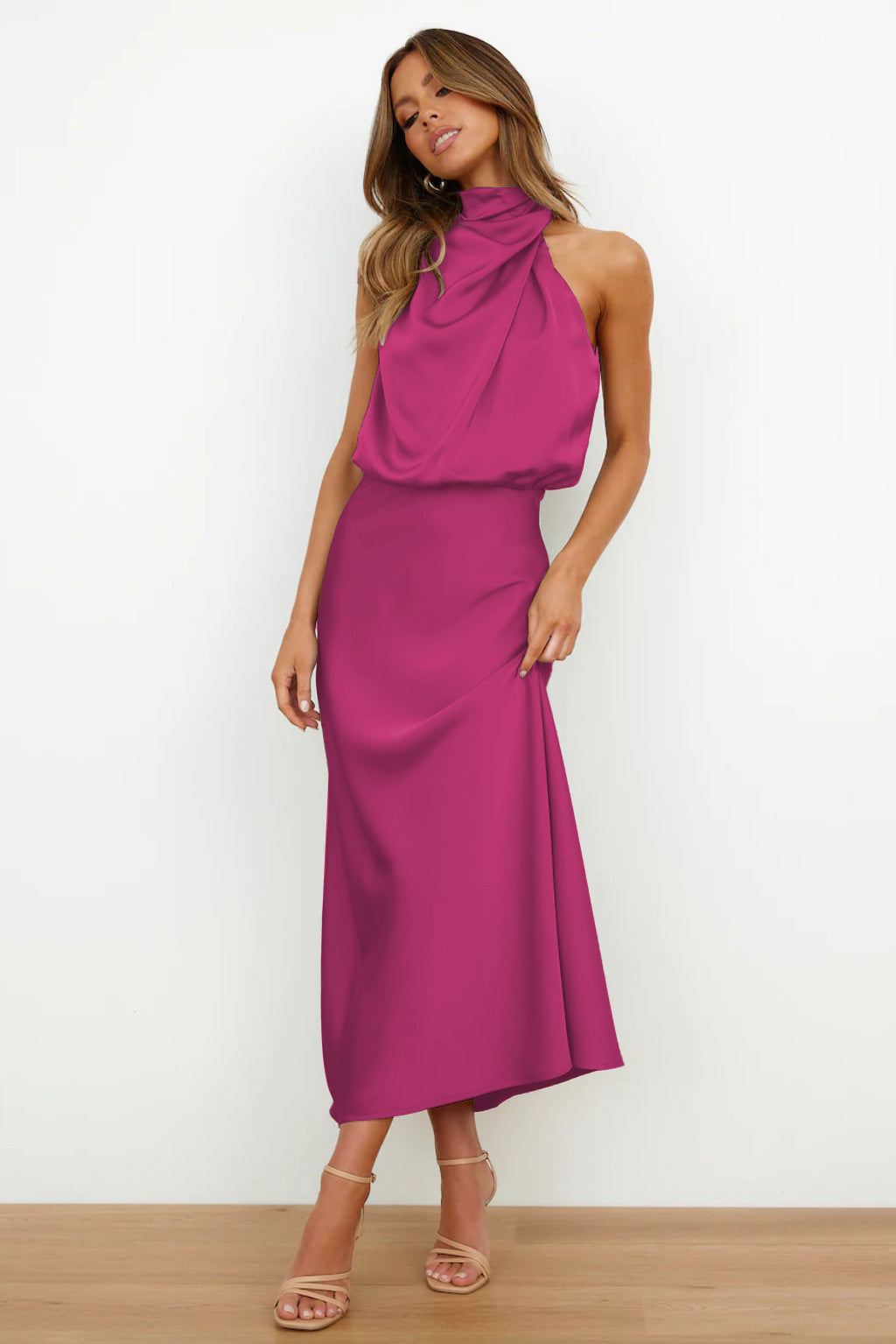 Elena | Satin Halter-Neck Midi Dress