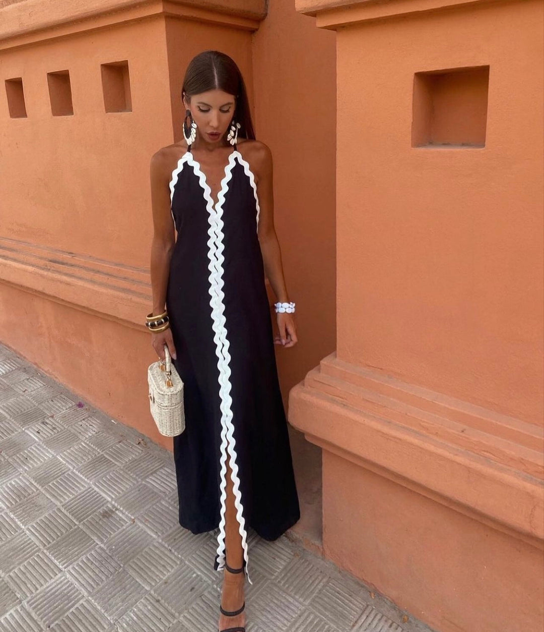 Noelle | Scallop-Trim Halter Slit Maxi Dress