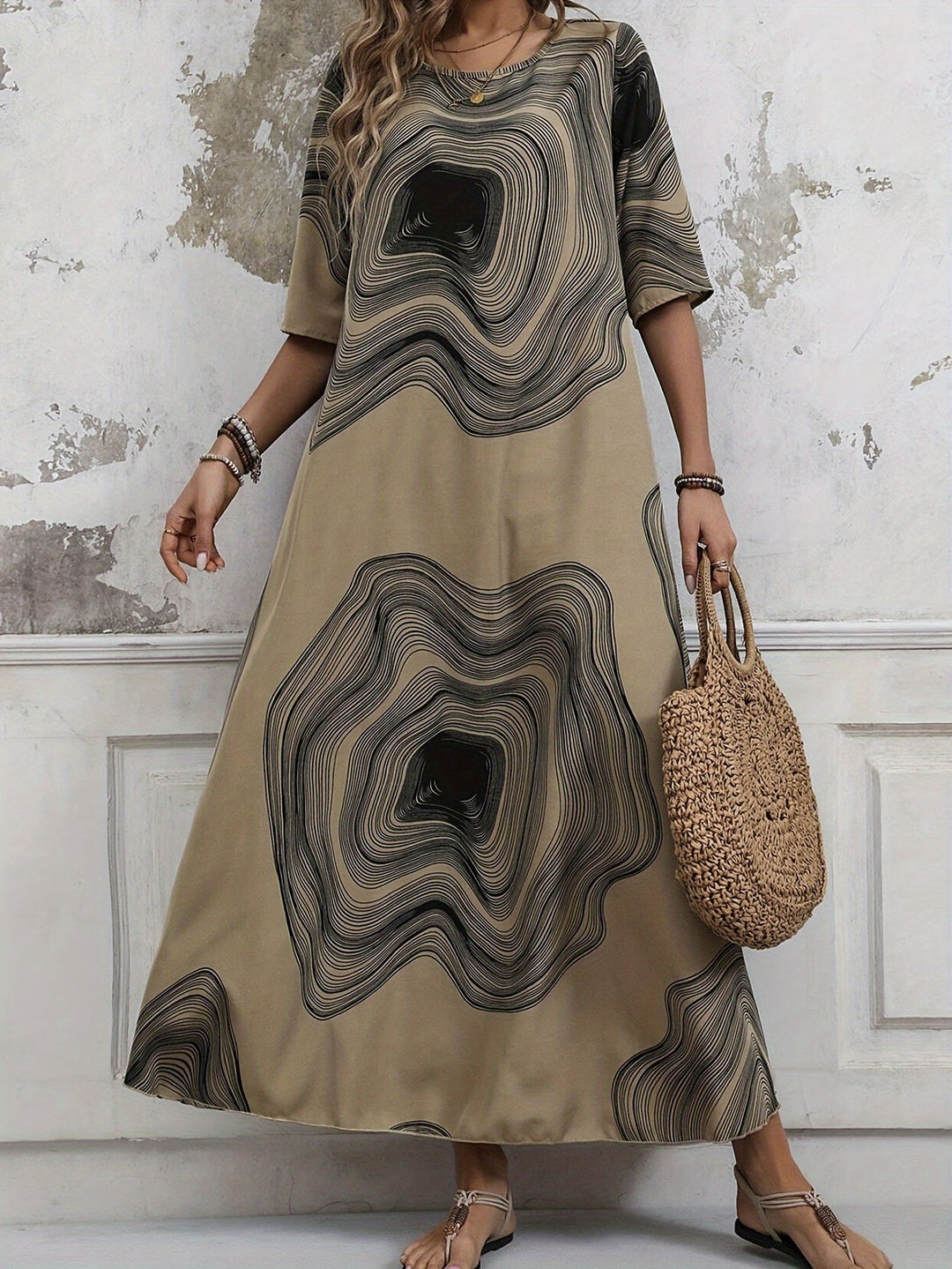 Freya | Abstract Earth-Tone Maxi Dress