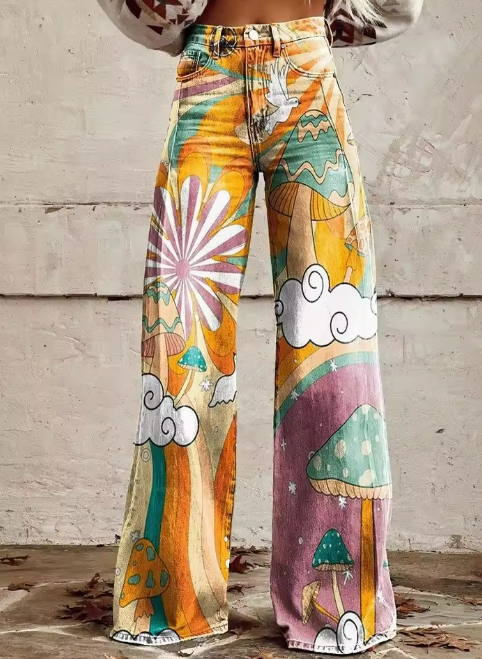 Luna | Dreamscape Mushroom Print Wide-Leg Jeans