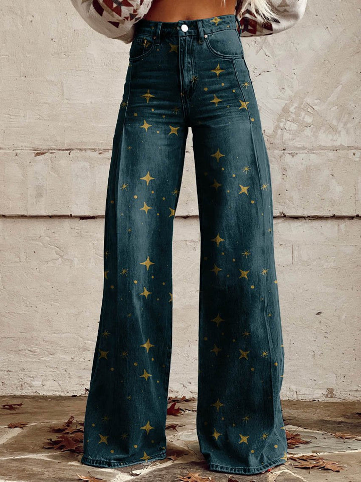 Clara | Midnight Gold Star Wide-Leg Jeans