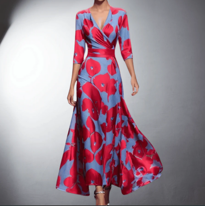 Clarissa | Bold Bloom Satin Wrap Maxi Dress