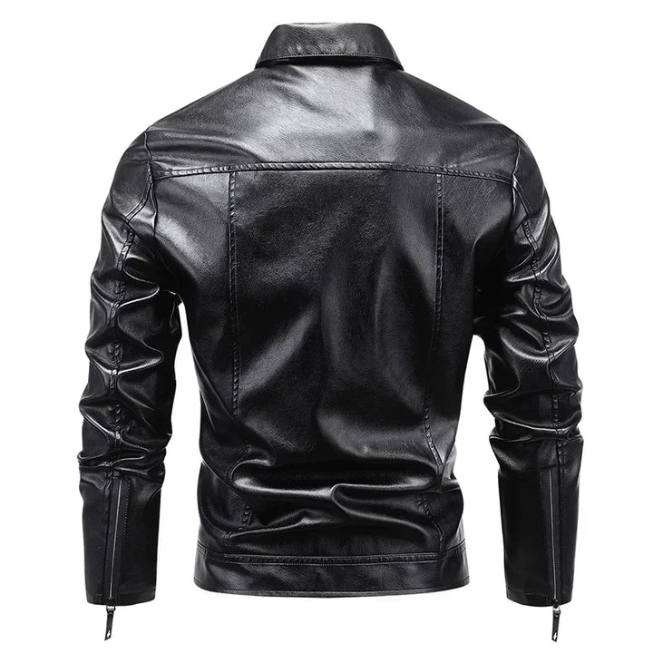 André™ Noir – Black leather jacket with wide collar and defined waist