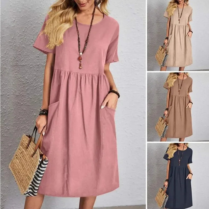 Mira | Navy Short-Sleeve Gathered Midi Dress