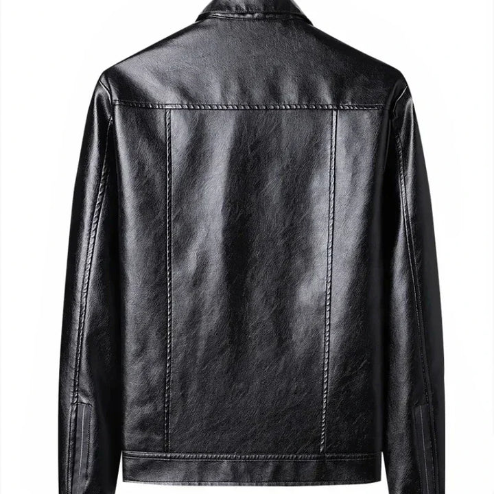 André™ Noir – Black leather jacket with wide collar and defined waist