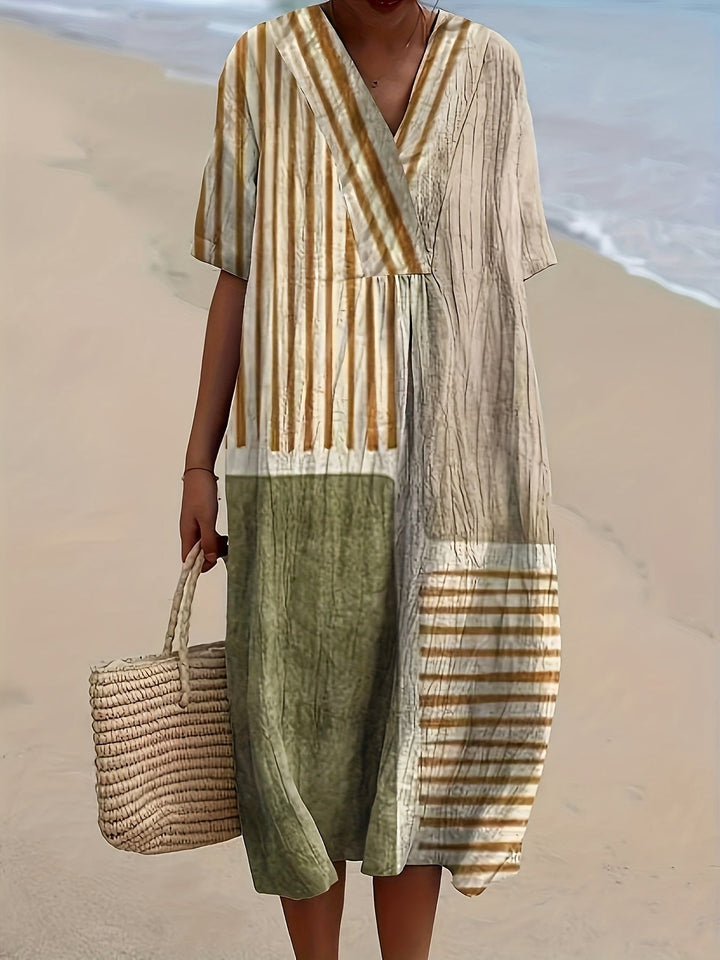 Harriet | Earth-Tone Stripe Panel Midi Dress