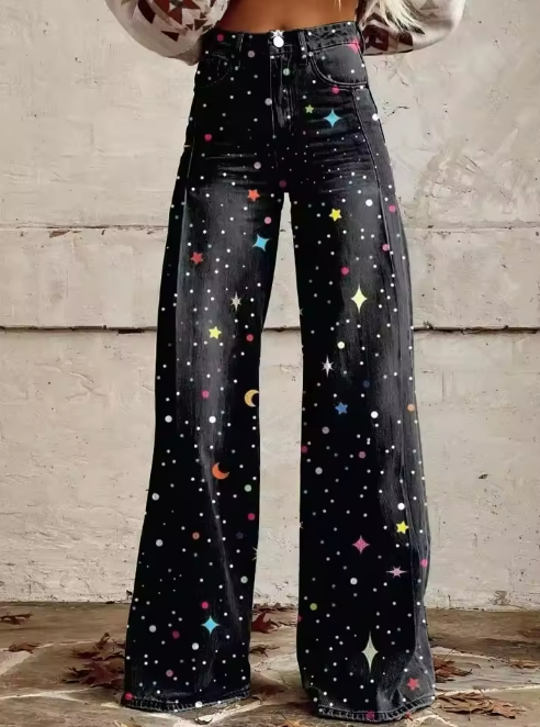 Nova | Cosmic Star Print High-Waisted Wide-Leg Jeans
